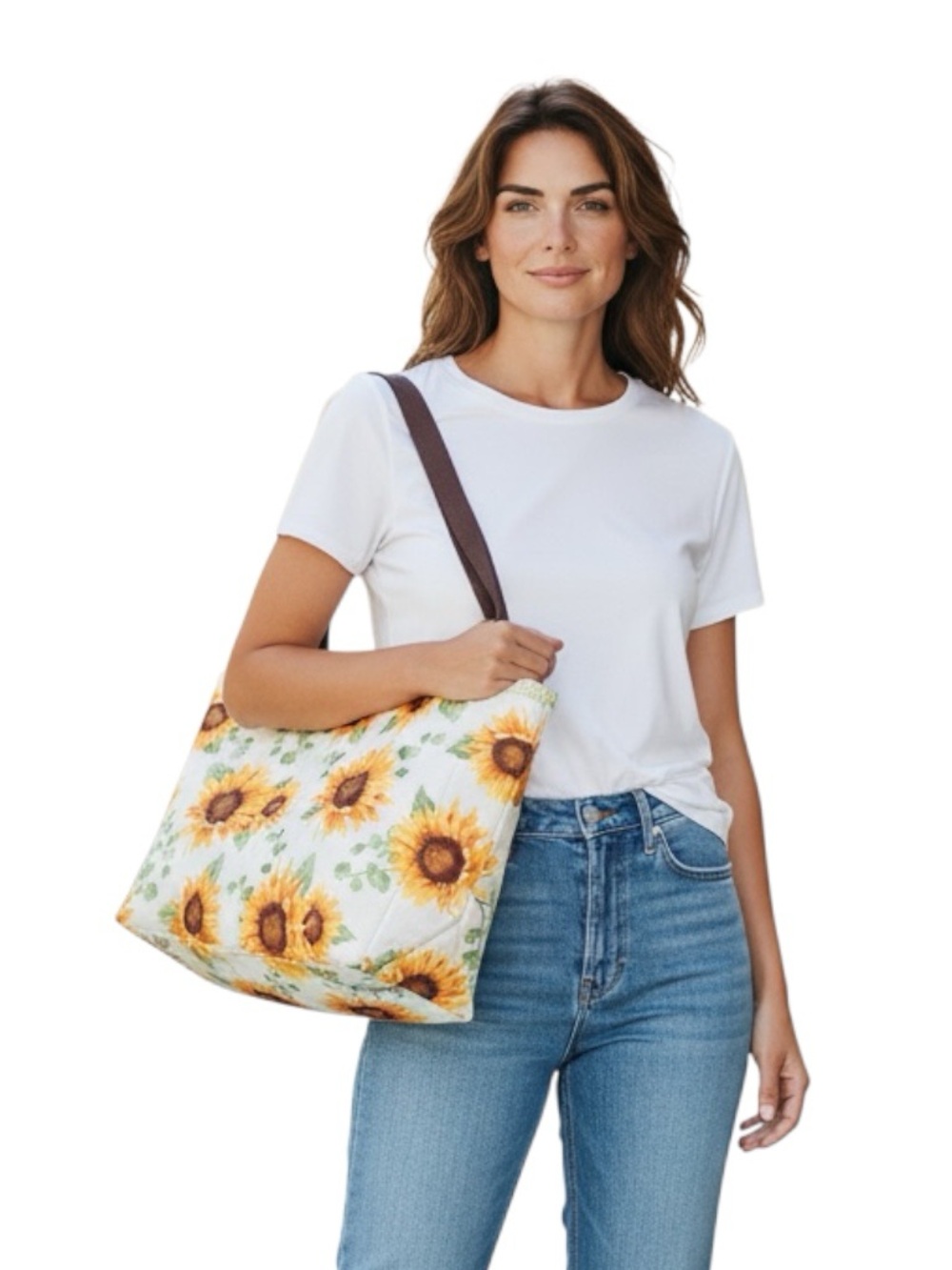 Sunflower Quilted Handmade Womens Tote Handbag White Gingham Green Yellow
